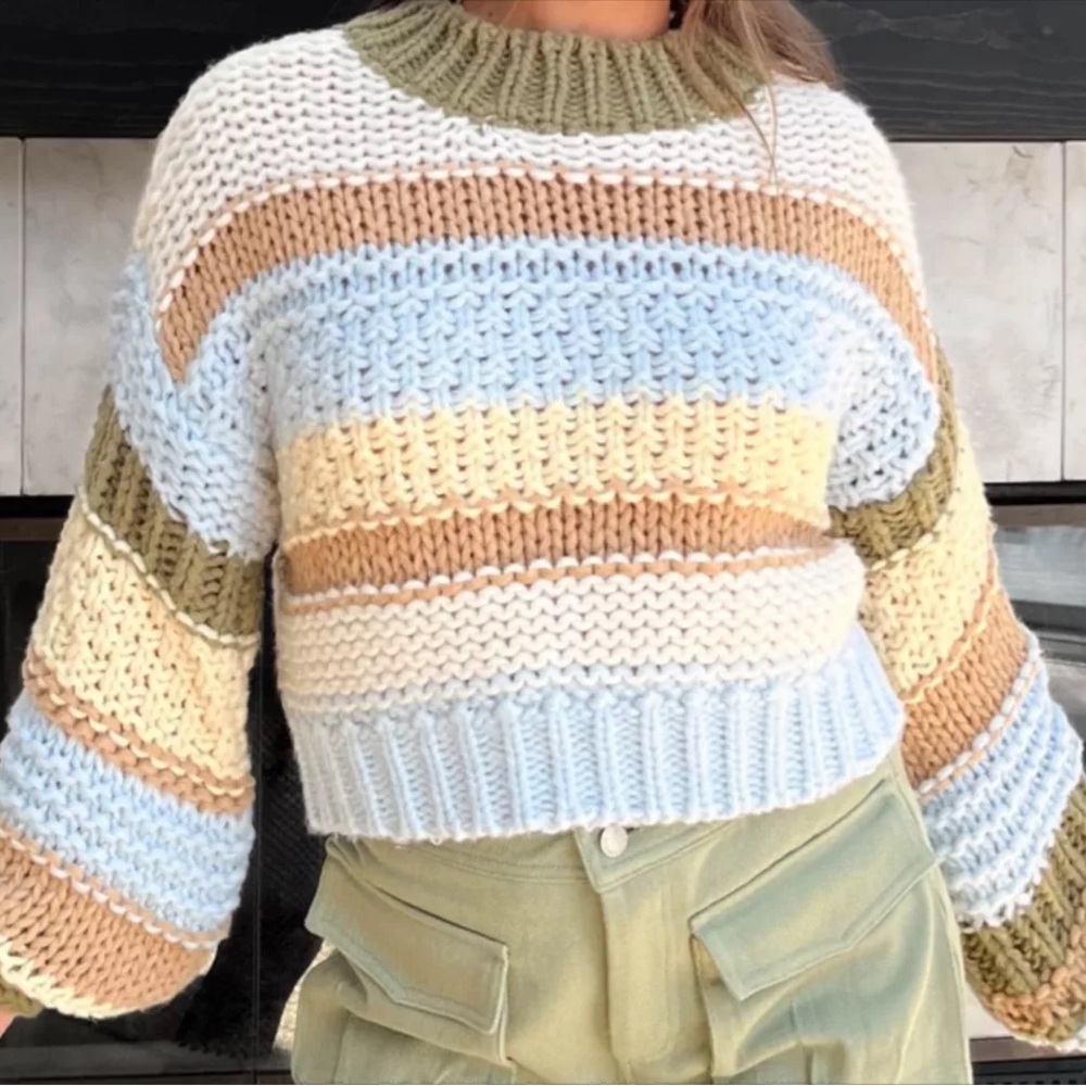 S Grey Bandit Cozy Striped Cable Knit Sweater in Blue, Green, and Orange